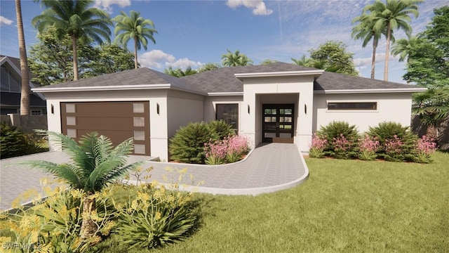 1021 Gaucho Ter, North Port, FL 34286 - prairie-style house featuring stucco siding, an attached garage, a front yard, and roof with shingles