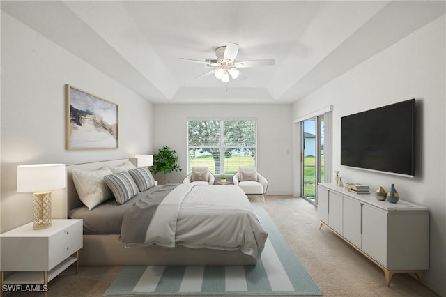 4322 NW 32nd Ter, Cape Coral, FL 33993 - bedroom with access to exterior, light colored carpet, a raised ceiling, and ceiling fan