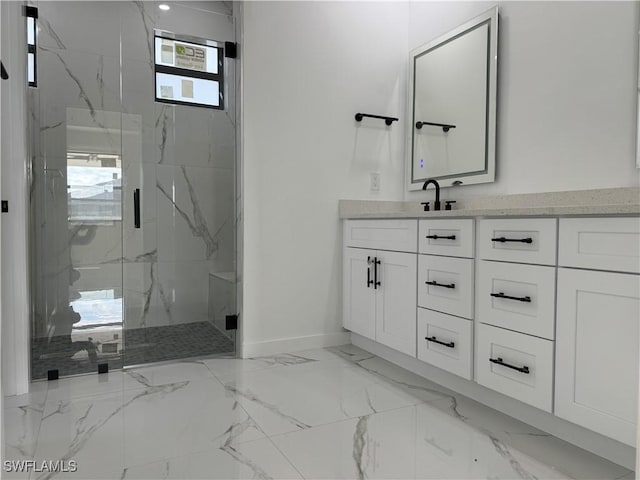 707 NE Juanita Place, Cape Coral, FL 33909 - full bathroom with marble finish flooring, a marble finish shower, and vanity