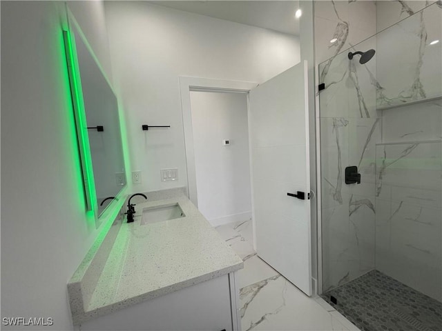 707 NE Juanita Place, Cape Coral, FL 33909 - bathroom with marble finish floors, vanity, and a marble finish shower