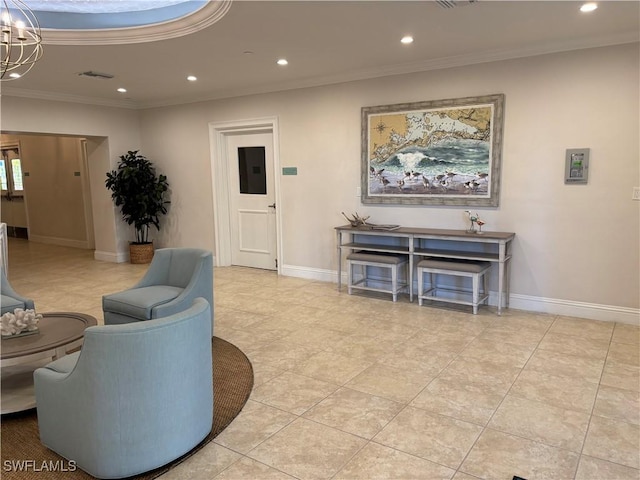 4182 Bay Beach Ln Unit 752, Fort Myers Beach, FL 33931 - living room featuring recessed lighting, crown molding, a chandelier, and light tile patterned floors