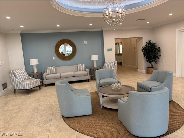 4182 Bay Beach Ln Unit 752, Fort Myers Beach, FL 33931 - living area with recessed lighting, a chandelier, light tile patterned floors, and crown molding