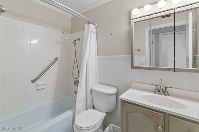418 12th Ave S Unit C418, Naples, FL 34102 - full bathroom with shower / bathtub combination with curtain, vanity, wainscoting, and ornamental molding