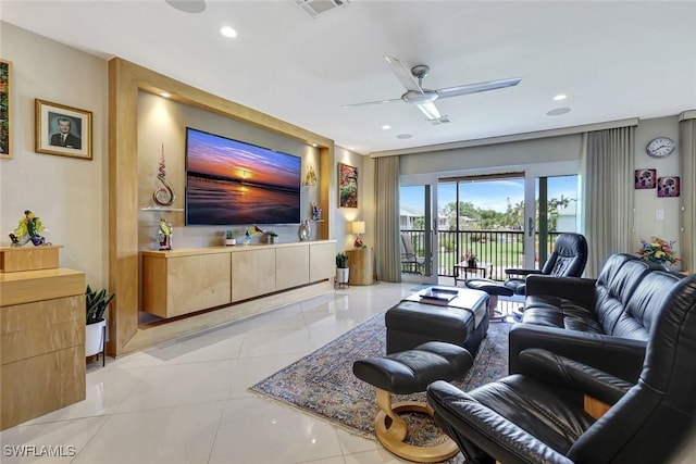 7105 Quail Run Ct W Unit 4, Fort Myers, FL 33908 - living room featuring a ceiling fan, recessed lighting, and light tile patterned flooring