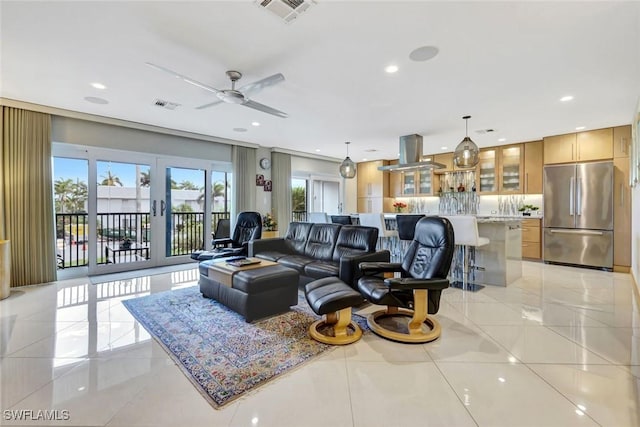 7105 Quail Run Ct W Unit 4, Fort Myers, FL 33908 - living room with light tile patterned flooring, ceiling fan, and recessed lighting