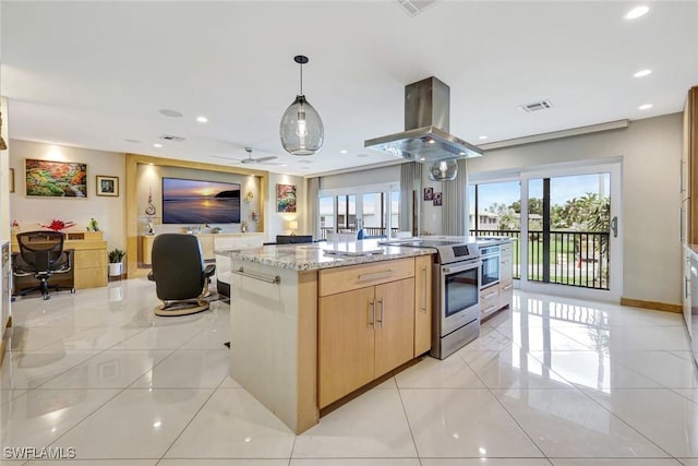 7105 Quail Run Ct W Unit 4, Fort Myers, FL 33908 - kitchen featuring stainless steel range with electric stovetop, island range hood, light brown cabinetry, healthy amount of natural light, and recessed lighting