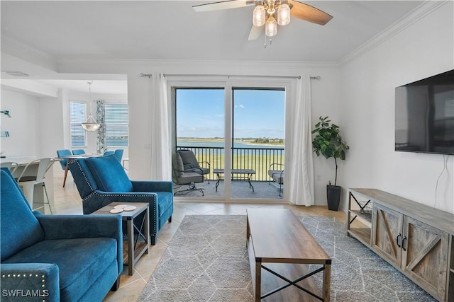 43040 Greenway Blvd Unit 536, Punta Gorda, FL 33982 - living room featuring a ceiling fan, ornamental molding, and light tile patterned flooring
