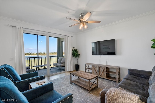 43040 Greenway Blvd Unit 536, Punta Gorda, FL 33982 - living area featuring a ceiling fan, crown molding, and tile patterned flooring