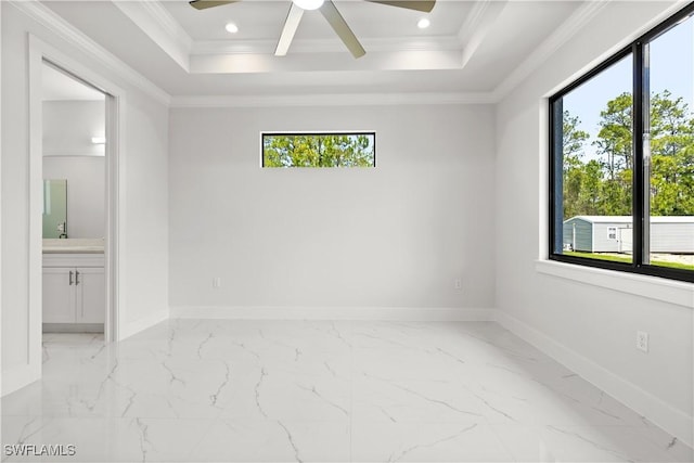 4371 47th Ave NE, Naples, FL 34120 - empty room with plenty of natural light, a ceiling fan, light marble finish flooring, ornamental molding, and recessed lighting