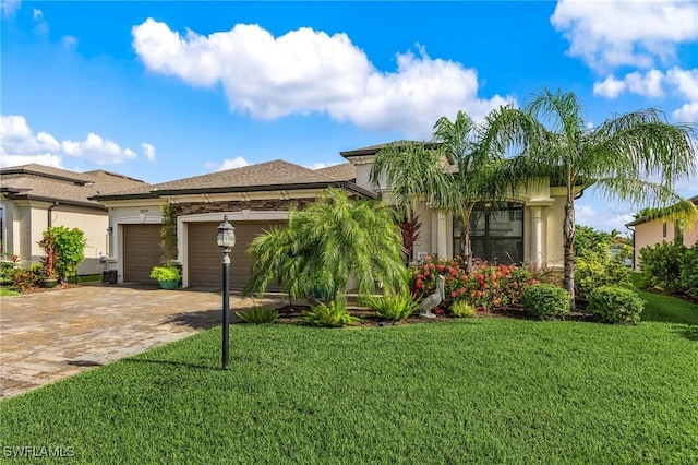 14659 Adina Ln, Fort Myers, FL 33905 - view of front of home with an attached garage, a front yard, decorative driveway, and stucco siding