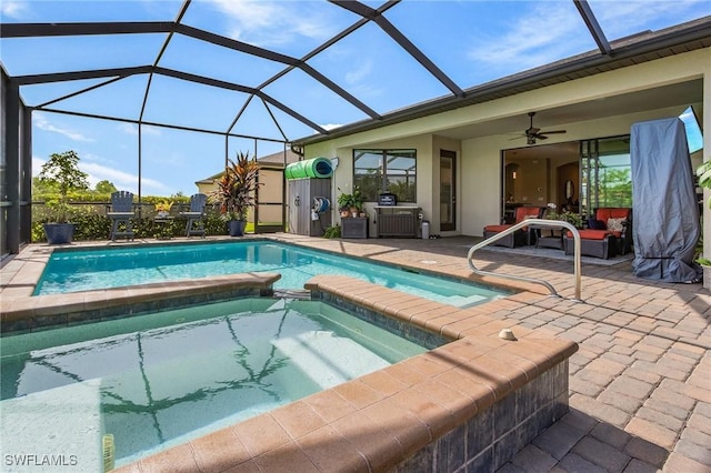 14659 Adina Ln, Fort Myers, FL 33905 - view of pool featuring a patio, a pool with connected hot tub, a ceiling fan, and a lanai