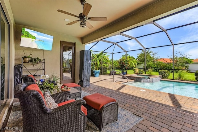 14659 Adina Ln, Fort Myers, FL 33905 - view of patio with a ceiling fan, a lanai, and a pool with connected hot tub
