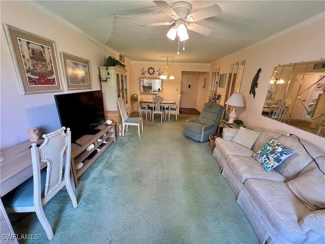 331 Joel Blvd Unit 109, Lehigh Acres, FL 33936 - carpeted living room featuring a ceiling fan, ornamental molding, a textured ceiling, and a chandelier