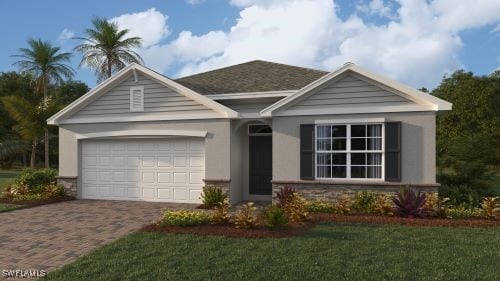 1006 NE 34th St, Cape Coral, FL 33909 - view of front of home with an attached garage, decorative driveway, stucco siding, stone siding, and a front lawn