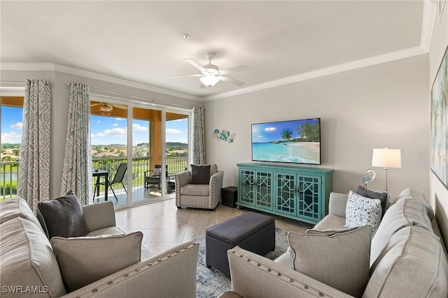 10720 Palazzo Way Unit 405, Fort Myers, FL 33913 - living area with crown molding, ceiling fan, and tile patterned floors