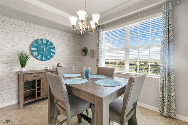 10720 Palazzo Way Unit 405, Fort Myers, FL 33913 - dining room with an accent wall, a chandelier, wallpapered walls, plenty of natural light, and light tile patterned flooring