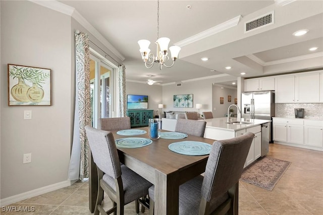 10720 Palazzo Way Unit 405, Fort Myers, FL 33913 - dining area featuring crown molding, a chandelier, recessed lighting, light tile patterned floors, and a ceiling fan