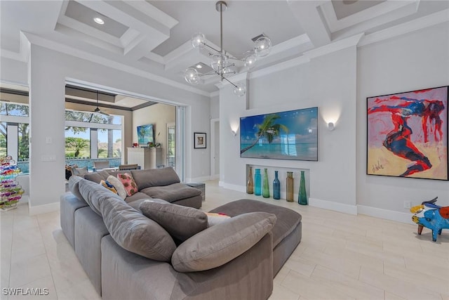 3159 Heather Glen Ct, Naples, FL 34114 - living area with coffered ceiling, ornamental molding, a chandelier, beamed ceiling, and recessed lighting