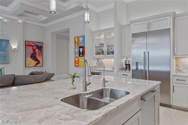 3159 Heather Glen Ct, Naples, FL 34114 - kitchen with white cabinetry, coffered ceiling, open floor plan, glass insert cabinets, and stainless steel appliances