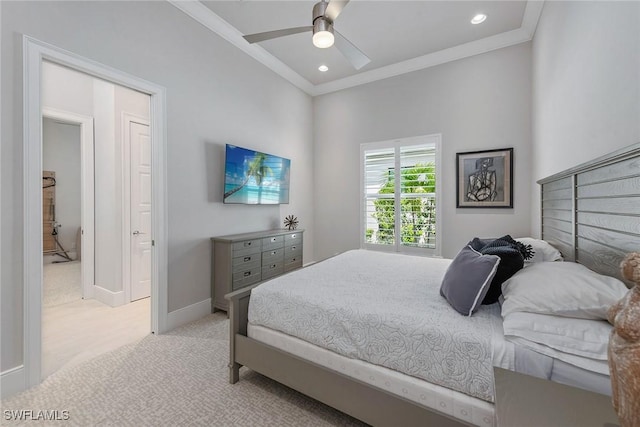 3159 Heather Glen Ct, Naples, FL 34114 - bedroom featuring light carpet, crown molding, recessed lighting, and a ceiling fan