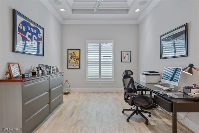 3159 Heather Glen Ct, Naples, FL 34114 - home office featuring light wood-style flooring, crown molding, a raised ceiling, and recessed lighting