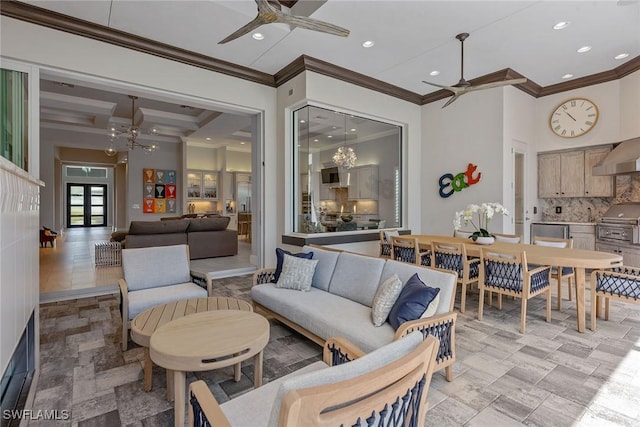 3159 Heather Glen Ct, Naples, FL 34114 - living area featuring ceiling fan, crown molding, a chandelier, and recessed lighting