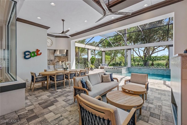 3159 Heather Glen Ct, Naples, FL 34114 - view of patio / terrace featuring an outdoor kitchen, outdoor dining space, a ceiling fan, outdoor lounge area, and a pool with connected hot tub