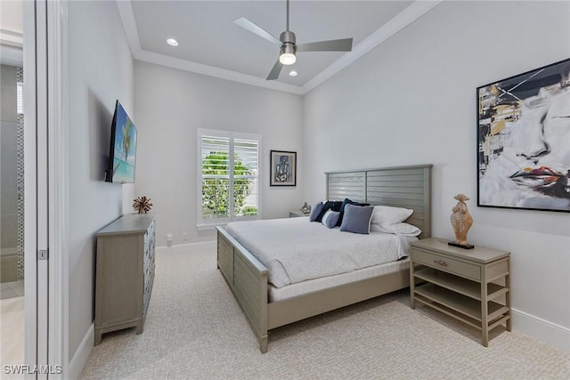 3159 Heather Glen Ct, Naples, FL 34114 - bedroom with recessed lighting, crown molding, light colored carpet, and a ceiling fan