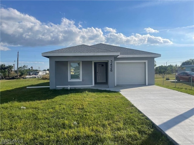 3220 Jeffcott St, Fort Myers, FL 33916 - view of front facade featuring a front lawn, an attached garage, concrete driveway, stucco siding, and a shingled roof