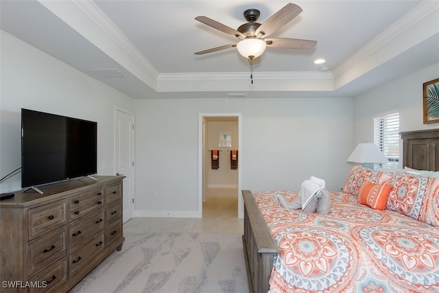 5415 Agualinda Blvd, Cape Coral, FL 33914 - bedroom with a tray ceiling, ornamental molding, ensuite bath, and ceiling fan