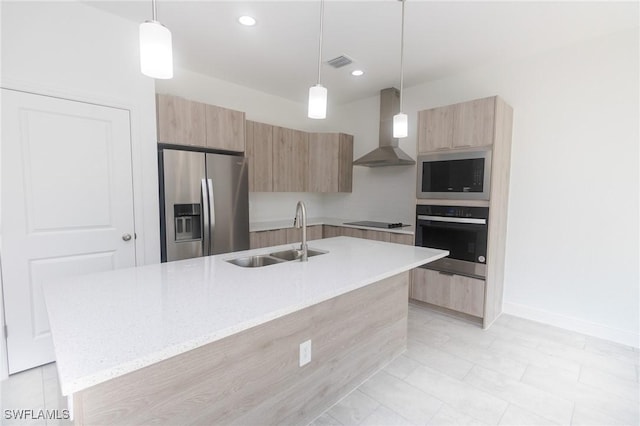 1456 Rugby Ln, Labelle, FL 33935 - kitchen featuring black appliances, wall chimney exhaust hood, modern cabinets, light brown cabinets, and recessed lighting