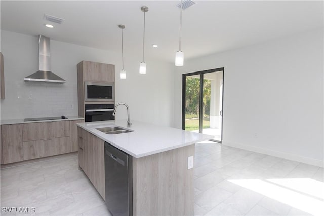 1456 Rugby Ln, Labelle, FL 33935 - kitchen with wall chimney exhaust hood, modern cabinets, appliances with stainless steel finishes, light brown cabinetry, and recessed lighting