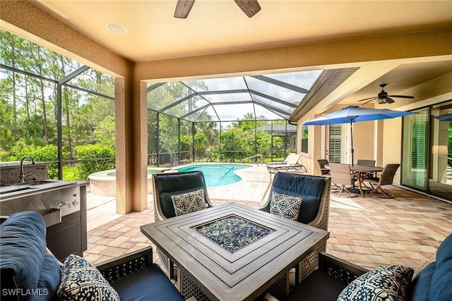1387 Mockingbird Dr, Naples, FL 34120 - view of patio with ceiling fan, a fire pit, an outdoor pool, and outdoor dining space