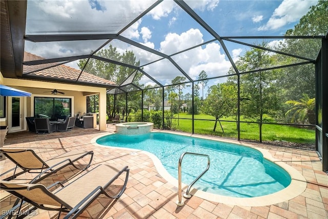 1387 Mockingbird Dr, Naples, FL 34120 - view of swimming pool featuring a patio, a ceiling fan, a pool with connected hot tub, and glass enclosure