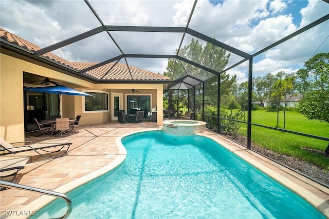 1387 Mockingbird Dr, Naples, FL 34120 - view of swimming pool featuring a ceiling fan, a patio area, a pool with connected hot tub, and a lanai