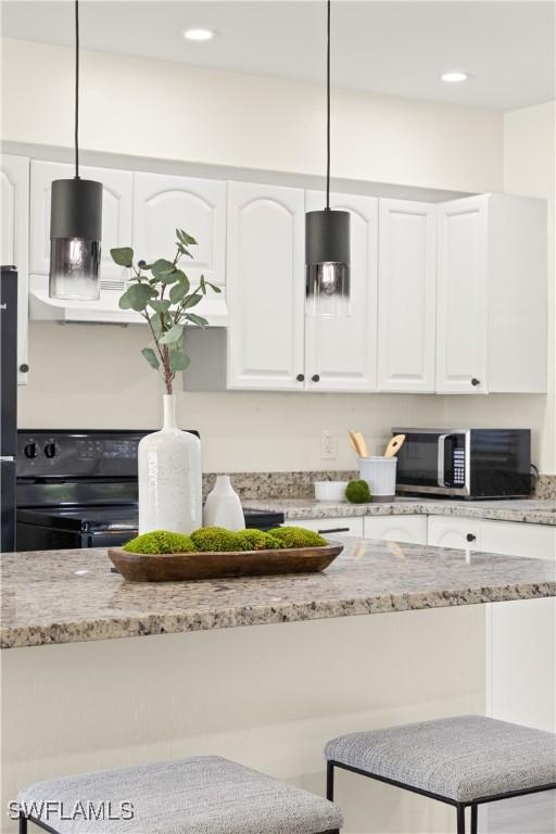 207 Leeland Heights Blvd W, Lehigh Acres, FL 33936 - kitchen featuring stainless steel microwave, black range with electric cooktop, white cabinets, light stone countertops, and recessed lighting