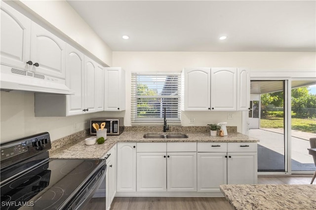 207 Leeland Heights Blvd W, Lehigh Acres, FL 33936 - kitchen featuring black range with electric stovetop, under cabinet range hood, stainless steel microwave, light wood-style flooring, and recessed lighting