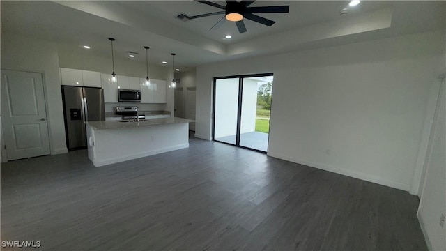 933 Gleason St, Lehigh Acres, FL 33974 - kitchen featuring appliances with stainless steel finishes, recessed lighting, white cabinets, open floor plan, and a tray ceiling