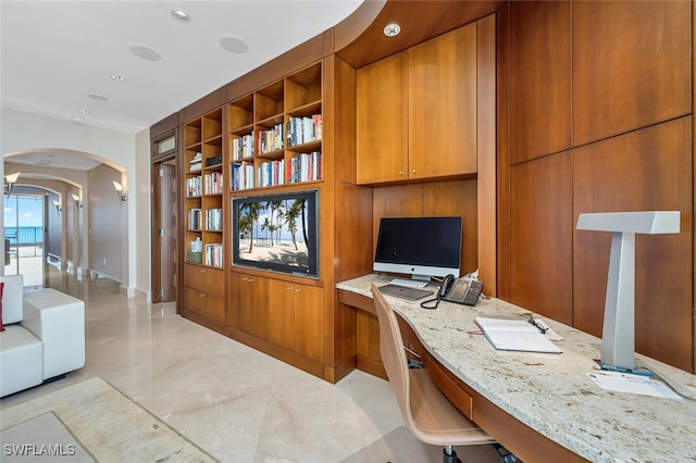 940 Cape Marco Dr Unit 1603, Marco Island, FL 34145 - office area featuring arched walkways, built in features, and recessed lighting