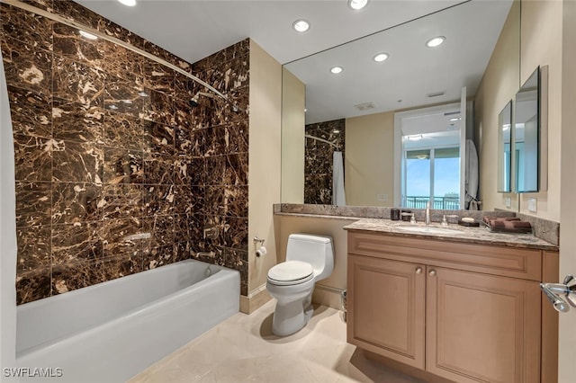 940 Cape Marco Dr Unit 1603, Marco Island, FL 34145 - bathroom featuring recessed lighting, shower / bathtub combination, vanity, and marble finish flooring