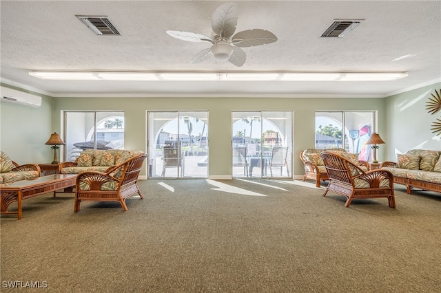 4549 SE 5th Pl Unit 109, Cape Coral, FL 33904 - carpeted living room with ornamental molding, a wall mounted AC, ceiling fan, and a textured ceiling