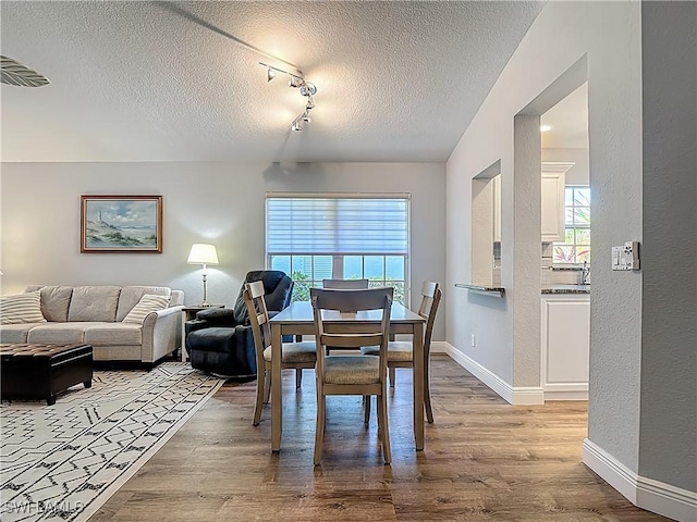 1670 Palo Duro Blvd, North Fort Myers, FL 33917 - dining space with a textured ceiling, wood finished floors, a textured wall, and rail lighting