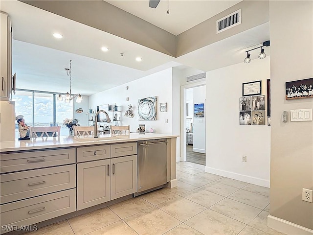 3000 Oasis Grand Blvd Unit 1203, Fort Myers, FL 33916 - kitchen featuring dishwasher, gray cabinets, light tile patterned flooring, light countertops, and a chandelier