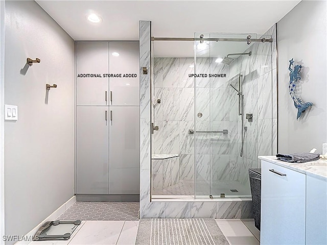 3000 Oasis Grand Blvd Unit 1203, Fort Myers, FL 33916 - full bath featuring a shower stall, vanity, recessed lighting, and tile patterned flooring
