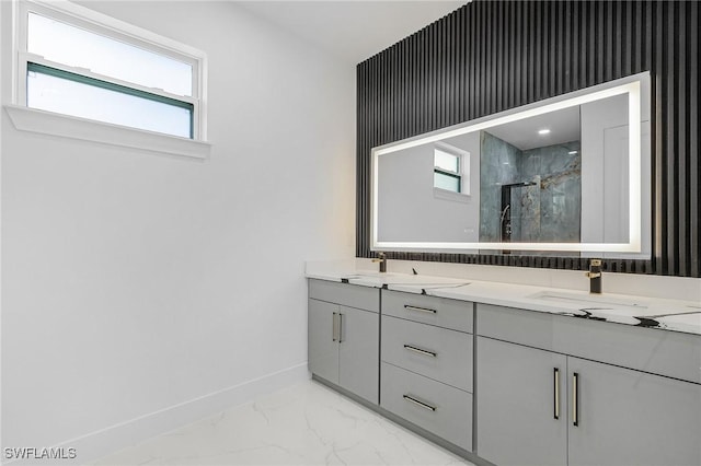 3805 E 16th St, Lehigh Acres, FL 33972 - full bathroom with marble finish floors, a marble finish shower, double vanity, and healthy amount of natural light