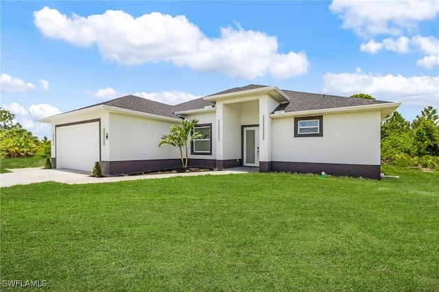 3805 E 16th St, Lehigh Acres, FL 33972 - prairie-style house featuring driveway, stucco siding, an attached garage, and a front yard