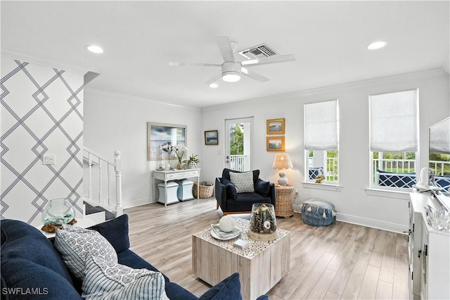 719 Park Ave, Naples, FL 34110 - living area featuring ornamental molding, light wood-type flooring, ceiling fan, recessed lighting, and stairway