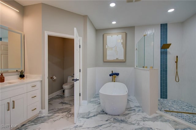 28601 Firenze Way Unit 102, Bonita Springs, FL 34135 - bathroom with recessed lighting, a freestanding tub, a walk in shower, marble finish floors, and vanity