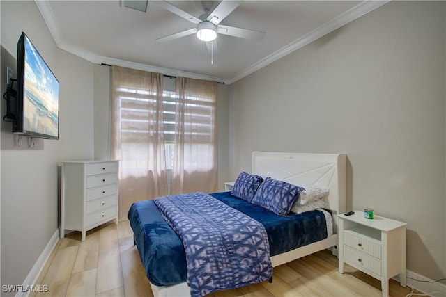 28601 Firenze Way Unit 102, Bonita Springs, FL 34135 - bedroom with crown molding, light wood-type flooring, and a ceiling fan