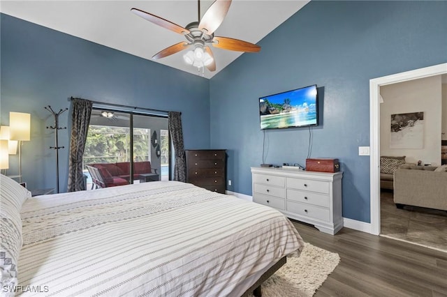 17971 Bermuda Dunes Dr, Fort Myers, FL 33967 - bedroom with access to outside, high vaulted ceiling, wood finished floors, and a ceiling fan